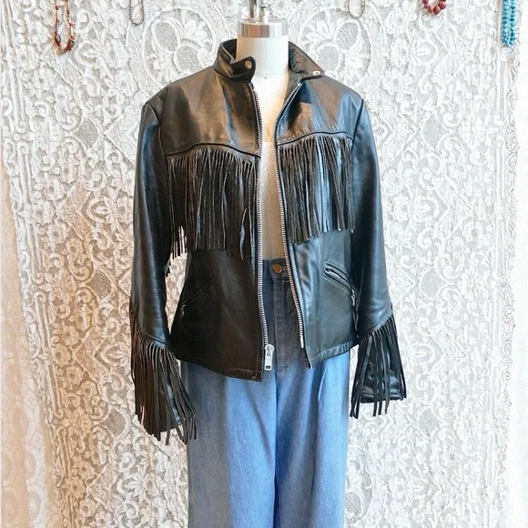 Vintage Black Fringe Leather Jacket - Picture 7 of 7